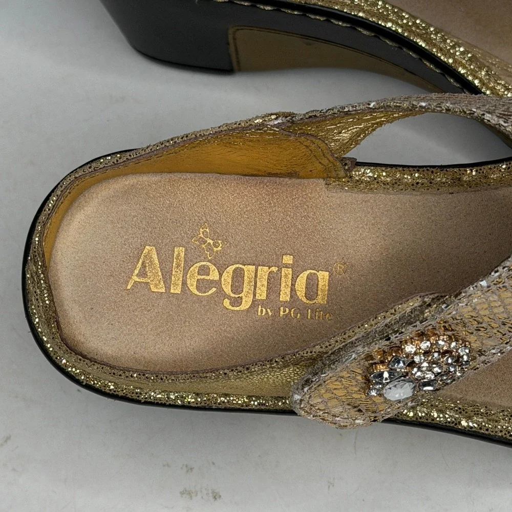 Alegria Lara Wedge Sandals Womens 38 Gold Leather Rhinestone Snake Print LAR-669